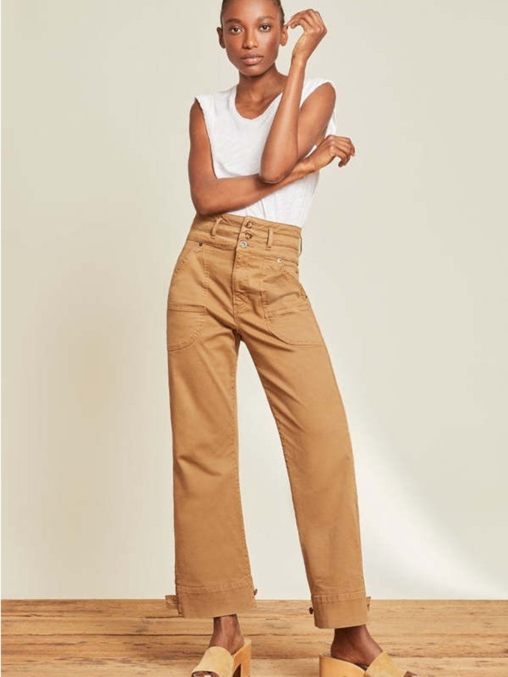 Veronica Beard Camel Marley Ankle Tab Wide-Leg High-Rise Jeans